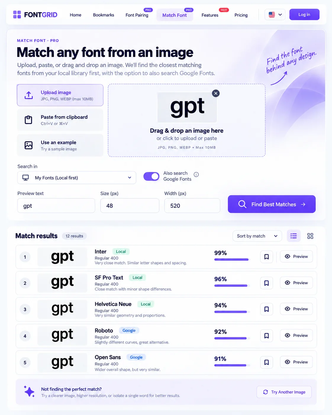 FONTGRID Match Font interface